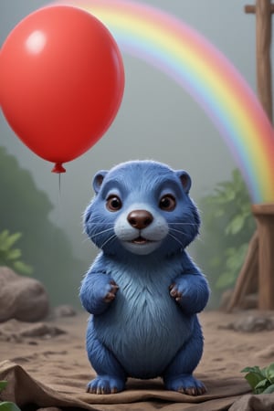 A 3D animated scene featuring a small blue cute otter holding a red baloon, highlighting the red section of the rainbow. The otter has a determined and excited expression, looks at the baloon with interest, the red color echoing the rainbow’s red band. Pixar-Disney style, DIGITAL ART.,Pixar Art,Enhanced all