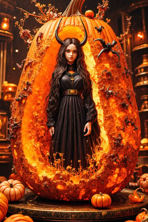 Masterpiece, professional, award-winning, intricate details, ultra high detailed, 64k, dramatic light, volumetric light, create an image of a carving of a female vamphire standing inside a large pumpkin, (miniature full body shot), Beautiful long-haired vamphire woman with a tight black dress, succubus, demonic clothing, portrait of a goth, demon in the room, room, beautiful woman, demoncore clothes, fashionable dark demon, gothic clothing, wearing gothic accessories, wearing a gothic dress, demon, succubus, 16k, Orange,detailed background, on the plate on the dining table, Fruit carving, food engraving, three-dimensional engraving, food sculpture design, close_up, rotated, rococo style, Classicism, depth of field, UHD, masterpiece, acurate, super detail, high details, high quality, best quality, highres, 16k, soft lighting, photorealistic, realistic shadows. Showcasing incredible texture and detail. Rendered in high-quality, super-detailed textures. Meticulously illustrated. Adds creepy atmosphere in the image, 8k,