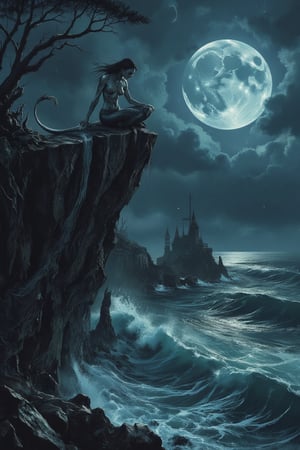 Masterpiece, professional, award-winning, intricate details, ultra high detailed, 64k, dramatic light, volumetric light, Captivating, moonlit seascape with a mythical and creepy looking siren perched on a rocky cliff, realistic, enchanting, mythical creature, alluring, mesmerizing, ethereal, maritime horror:1.3, crashing waves, mermaid's song, starlit horizon, mythical allure, marine enchantment, horror, oilpainting style, nocturnal serenade, Showcasing incredible texture and detail. Rendered in high-quality, super-detailed textures. Meticulously illustrated. Adds ominous atmosphere in the image, 8k,d4rkc0mic