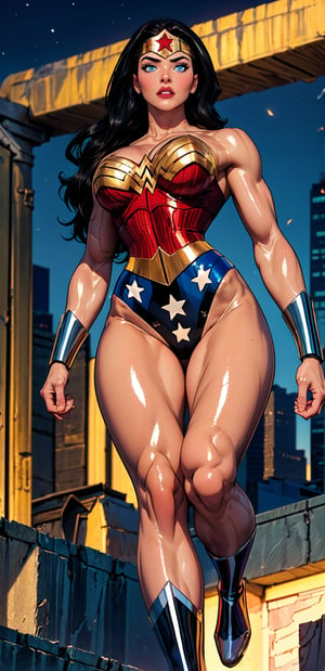 Wonder Woman, (Masterpiece), Best Quality, (Extremely detailed), (1Girl:1.4), ((beautiful blue eyes)), (black middle length wavy hair), Wonder Woman, (intricate details, makeup), (delicate and beautiful delicate face, delicate and beautiful delicate eyes, face with perfect proportions), (shiny skin: 1.2), delicate skin, strong and realistic blue eyes, realistic black hair, lips, makeup, natural skin texture, tiara, red and gold bustier, blue leotard with white stars, (silver Bracelets:1.2), red knee-high boots, golden belt, (Wonder Woman clothing:1.1), bare shoulders, ((light tanned skin:0.8)), mature, sexy, elastic muscles, (muscles: 1.2), ((strong and healthy body)), ((more) muscles))), cleavage, long legs, curves, (big breasts: 1.3), ribs, thin waist, soft waist, (delicate skin), (beautiful and sexy woman), (swollen lips: 0.9), (eyelashes: 1.2), very delicate muscles, perfect body, perfect anatomy, perfect details, perfect fingers, Perfect limbs, thigh gap, watercolor, professional, Bokeh, Decreased saturation, overlooking a (New York city skyline:1.2), overlooking a modern city, sky - high view, Sky view (on balcony), (City skylines view), ((night time:1.2)), ((from below:1.5)), ((flying:1.3)), (masterpiece, best quality), ,semi-realistic,dwarfoil,wonder2,2.5D