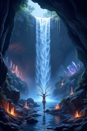 Masterpiece, professional, award-winning, intricate details, ultra high detailed, 64k, dramatic light, volumetric light, Mystical, hidden grotto with glowing crystals and ethereal nymphs, high-quality, magical, ethereal beauty, mythical creatures, serene ambiance, luminescent allure, hidden sanctuary:1.2, cascading waterfalls, shimmering reflections, whispered melodies, mythical encounters, tranquil haven, captivating serenity,ek_art_b00ster,anime,illustrated,
