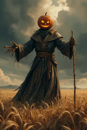 Masterpiece, professional, award-winning, intricate details, ultra high detailed, 64k, dramatic light, volumetric light, Create full body image of an anime features of a scarecrow wizard who has a pumpkin head and is a character from a medieval RPG. Standing in a decayed wheat field. Showcasing incredible texture and detail. Rendered in high-quality, super-detailed textures. Meticulously illustrated. Adds ominous atmosphere in the image, 8k, ek_art_b00ster,anime,illustrated,FluxBoost,myvectorillustrations