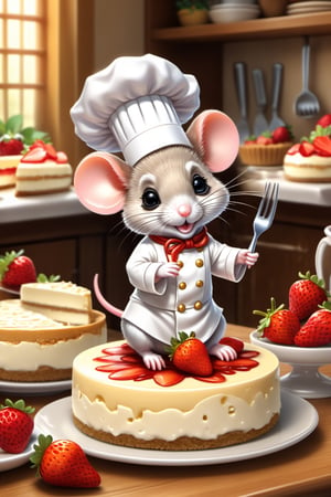 chibi, perfect-composition, Perfect pictorial composition, Creative poster, Cute, (mouse dressed as a chief), (mouse as chef), (Decorating a Really Delicious Cheesecake), (Cream cheese cake with strawberries), (messy table), (There are pieces of cheese scattered around.), (Best Quality:1.2), (Ultra-detailed), (Photorealistic:1.37), (HDR), (Vivid colors), (portrait of a), (Warm and bright color tones), (Soft diffuse lighting),food 