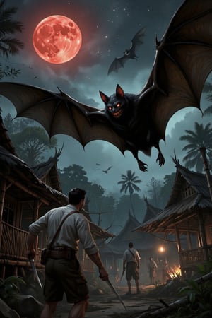 Masterpiece, professional, award-winning, intricate details, ultra high detailed, 64k, dramatic light, volumetric light, create an image of  a detailed giant black bat flying in a Filipino jungle with Kubo made of small houses with bamboo barricades. Under the Red moonlight, Bat attacking filipino people in white long sleeve shirts and holding big knives to attack creature who would emerge from the shadows to capture innocent souls. The giant black bat in the sky with red eyes and has two flapping wings to capture innocent souls. Showcasing incredible texture and detail. Rendered in high-quality, super-detailed textures. Meticulously illustrated. Adds ominous atmosphere in the image, 8k,