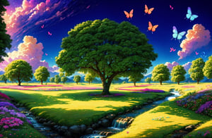 masterpiece, best quality, high quality, extremely detailed CG unity 8k wallpaper, An extremely colorful and purely fantasy environment with vibrant hues and a bright sky, landscape of bright green grass, colorful trees, glittering fruits, and bright blue flowers. The streams are a deep shade of blue, and the air is filled with sweet exotic scents. The environment appears to be taken out of a dream, with luminescent butterflies and giant colorful birds flying around, award winning photography, Bokeh, Depth of Field, HDR, bloom, Chromatic Aberration ,Photorealistic,extremely detailed, trending on artstation, trending on CGsociety, Intricate, High Detail, dramatic, art by midjourney,High detailed ,EpicArt,Color magic