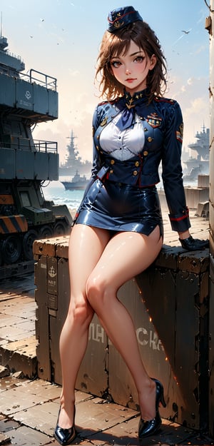 (best quality, 4K, high resolution, masterpiece:1.2), (very detailed, realistic:1.37), (Full-body portrait), 23 years old, American Girl, military officer, ambitious, Wow, careful, attractive, threaten, (brown hair), Perfect eyelashes, Minimal makeup, sun tan skin, expressive brown eyes, gloss lip, fascinating charm, perfect hourglass body, Toned down long legs, flat abs, Round E cup breasts, very tall, slim, With peach colored buttocks, ((Midnight blue double-breasted jacket with gold anchor embossed buttons and red piping)), (A crisp white blouse with a high, stiff collar), ((Midnight blue pencil skirt with a simple back slit)), black leather belt , (shiny black heel oxford shoes), (Midnight blue service cap with gold navy insignia and white trim.), Black leather gloves with built-in data connectivity, Navy silk neck scarf, Background featuring a military base.