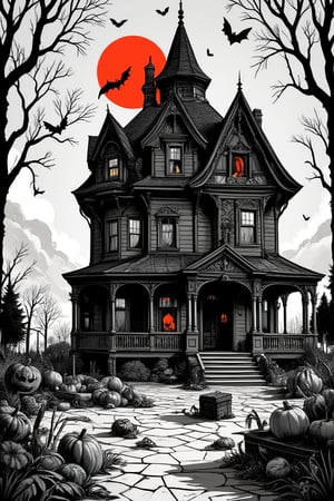 Masterpiece, professional, award-winning, intricate details, ultra high detailed, 64k, dramatic light, volumetric light, black and white, colouring book illustration style of spooky haunted house poster, pumpkins, bats, withered giant branches, red moon, ray tracing, stacked chests, haunted house in black and White. Showcasing incredible texture and detail. Rendered in high-quality, super-detailed textures. Meticulously illustrated. Adds ominous atmosphere in the image, 8k, ek_art_b00ster,anime,illustrated,FluxBoost,myvectorillustrations