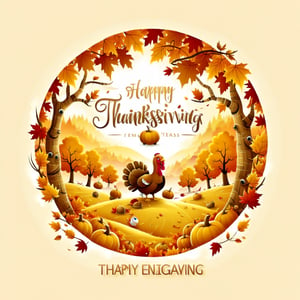 ("HAPPY THANKSGIVING" text logo: 1.3),Maple tree in autumn landscape, golden mountain, fallen leaves, t-shirt design, vector art, circular silhouette, white background, a turkey holding a text: ("thanksgiving").,Leonardo Style