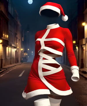 (((vintage horror movie))), realistic, (((hyperrealism))), (((photorealism!))), ultra detailed, intricate, 64k, UHD, absurdres, (((ultra-detailed city street at night setting background!))), ((dramatic shadows)), ((raytracing)), ((very dark cinematic lighting)), ((foggy moonlight)), BREAK (((sexy invisible Santa Girl))), BREAK (((invisible Santa girl))), (((ultra detailed intricate red santa coat and santa hat)),  BREAK (((invisible santa girl))), ((narrow waist)), ((wide hips)), ((toned and fit)) ((head and chest partly wrapped in bandages)), BREAK the sexy invisible santa girl is standing in a dimly lit street with her coat open with bandages provocatively wrapped partially around her, she unwrapping the bandages to become (((invisible)))