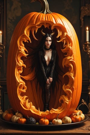 Masterpiece, professional, award-winning, intricate details, ultra high detailed, 64k, dramatic light, volumetric light, create an image of a carving of a female vamphire standing inside a large pumpkin, (miniature full body shot), Beautiful long-haired vamphire woman with a tight black dress, succubus, demonic clothing, portrait of a goth, demon in the room, room, beautiful woman, demoncore clothes, fashionable dark demon, gothic clothing, wearing gothic accessories, wearing a gothic dress, demon, succubus, 16k, Orange,detailed background, on the plate on the dining table, Fruit carving, food engraving, three-dimensional engraving, food sculpture design, close_up, rotated, rococo style, Classicism, depth of field, UHD, masterpiece, acurate, super detail, high details, high quality, best quality, highres, 16k, soft lighting, photorealistic, realistic shadows. Showcasing incredible texture and detail. Rendered in high-quality, super-detailed textures. Meticulously illustrated. Adds creepy atmosphere in the image, 8k,ek_art_b00ster,anime,illustrated,Enhanced all