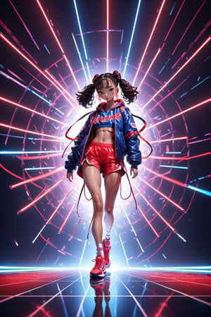 (Best quality, ultra detailed, masterpiece),  8k, super detailed, ((beautiful detailed)))1girl, hip pop clothes, Red basketball shoes, low angle shot, low angle, ground-level shot, full body, full body shot, lunge, nightclub, laser beam(Dynamic feeling:1.4),(concept art style:1.4), neon, neon sign, glowing,32k, octane render,neon style,simple background