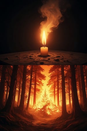 Masterpiece, professional, award-winning, intricate details, ultra high detailed, 64k, dramatic light, volumetric light, Create an image of a small flickering candle in a dark room is blown out by a gust of wind, symbolizing weakness. In contrast, a raging forest fire is shown in the next scene, with the same wind making the fire even stronger and more intense, symbolizing strength and perseverance against challenges. Showcasing incredible texture and detail. Rendered in high-quality, super-detailed textures. Meticulously illustrated. Adds ominous atmosphere in the image, 8k, ek_art_b00ster,anime,illustrated,FluxBoost,myvectorillustrations