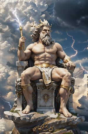 Create a photorealistic image featuring the Greek gods Zeus, the majestic figure of Zeus, ruler of the heavens, as he sits upon his throne of clouds, his lightning bolt in hand, ready to strike down any who dare challenge his divine authority.  Zeus should be portrayed with his distinctive attributes and symbols, such as Zeus with his {thunderbolt}. The background can be a {divine realm}, {Mount Olympus}, or a {mythical landscape} that reflects the realm of the gods. The camera angle can be a {medium shot}, capturing Zeus from a perspective that showcases his presence and individuality. The desired resolution for the image is {high definition}, with {crisp details} and {realistic textures} to bring out the divine qualities of the greek King of Gods, Zeus.