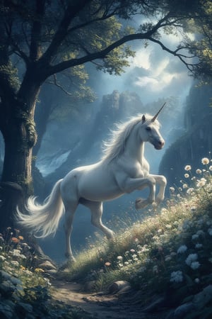 Masterpiece, professional, award-winning, intricate details, ultra high detailed, 64k, dramatic light, volumetric light, Enchanting, moonlit glade with a gentle unicorn and shimmering will-o'-the-wisps, realistic, magical, mystical creatures, idyllic, serene, ethereal, (mythical presence:1.4), wildflowers, moonbeams, ancient trees, soft glow, harmonious realm, tranquil beauty, 8k,ek_art_b00ster,anime,illustrated,