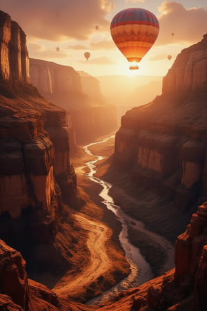 Masterpiece, professional, award-winning, intricate details, ultra high detailed, 64k, dramatic light, volumetric light, A photorealistic, breathtaking canyon landscape at sunrise, with steep cliffs glowing in warm hues, a meandering river below, and hot air balloons drifting in the sky:2, forcus on hot air balloon, canyon grandeur, sunrise splendor, aerial adventure, rugged beauty, desert dreams.,ek_art_b00ster,anime,illustrated,FluxBoost