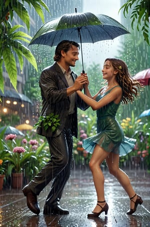 a gentle man and girl dancing in rain in city plants romantic temperature focus on rain, screen fill with plants and flowers, The face is clear and accurate, Detail of the face, ultra-fine, 16K resolution, High Quality, cinematic lightings, High quality detailed, Dynamic viewing angle, Detail plot, Epic Shooting, OC Rendering, super detaill, high detailed,Leonardo style 