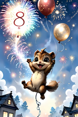 8K,Best quality, masterpiece, ultra-high res, Masterpiece, Concept Art, ultra-detailed painting, Ink wash painting, an adorable chibi baby whimsical chipmunk, being lifted towards the sky by a balloon in a new year fireworks, illustration for kid's room, boho, neutral colors, minimalist, vectors, simple, white background,chibi,chibi style