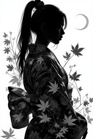 (silhouette:1.25), silhouette art, shadow of figure, Autumn leaves pattern on woman silhouette isolated on white background, (Female silhouette: Kimono: Hakama: Long ponytail: Dynamic pose), Draw the autumn leaves pattern only on the woman's silhouette.,BREAK,Autumn leaves pattern: black and grey gradation: Overlapping translucent autumn leaves: Overlapping layers: black colors: BREAK,vector art,Draw a background painting using the moon and autumn leaves in blak colors, shadow of woman, (masterpiece:1.3),(highest quality:1.4),(ultra detailed:1.5),High resolution,extremely detailed,unity 8k wallpaper,.ek_art_b00ster,anime,illustrated,FluxBoost