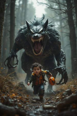 Masterpiece, professional, award-winning, intricate details, ultra high detailed, 64k, dramatic light, volumetric light, create an full body image of an adorable little Fat Venom boy running scared down a forest path holding halloween candy basket. A dangerous looking wolf is running behind him, whose mouth is open and its teeth are visible. It looks like it is chasing Fat Venom's child. vector art style. Showcasing incredible texture and detail. Rendered in high-quality, super-detailed textures. Meticulously illustrated. Adds cuddly atmosphere in the image, 8k,Venom,myvectorillustrations