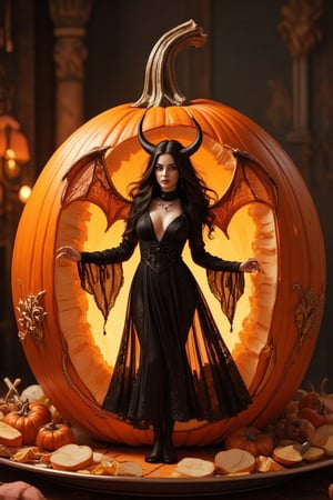 Masterpiece, professional, award-winning, intricate details, ultra high detailed, 64k, dramatic light, volumetric light, create an image of a carving of a female vamphire standing inside a large pumpkin, (miniature full body shot), Beautiful long-haired vamphire woman with a tight black dress, succubus, demonic clothing, portrait of a goth, demon in the room, room, beautiful woman, demoncore clothes, fashionable dark demon, gothic clothing, wearing gothic accessories, wearing a gothic dress, demon, succubus, 16k, Orange,detailed background, on the plate on the dining table, Fruit carving, food engraving, three-dimensional engraving, food sculpture design, close_up, rotated, rococo style, Classicism, depth of field, UHD, masterpiece, acurate, super detail, high details, high quality, best quality, highres, 16k, soft lighting, photorealistic, realistic shadows. Showcasing incredible texture and detail. Rendered in high-quality, super-detailed textures. Meticulously illustrated. Adds creepy atmosphere in the image, 8k,ek_art_b00ster,anime,illustrated,Enhanced all