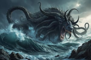 Masterpiece, professional, award-winning, intricate details, ultra high detailed, 64k, dramatic light, volumetric light, Legendary, horned kraken emerging from the depths of a stormy sea, high-quality, mythical creature, supernatural being, menacing, maritime, tentacles, mythical beast, tumultuous waters:0.9, shipwreck, colossal size, swirling tempest, seafaring legends, formidable presence, nautical chaos, 8k,ek_art_b00ster,anime,illustrated,