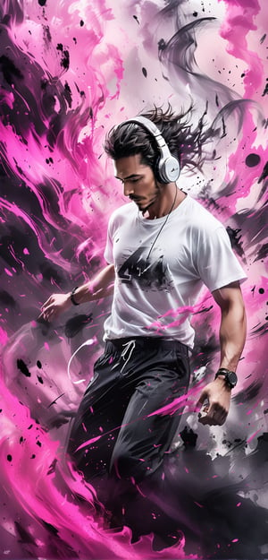 (masterpiece, best quality:1.4), Man in white T-shirt and headphones, dancing, Image with black and pink background, Futuristic graphic effects, Immersive 4K cinematic images,smoke,ink smoke,ink smoke background, score_9,score_8_up,score_7_up,score_6_up,art_booster