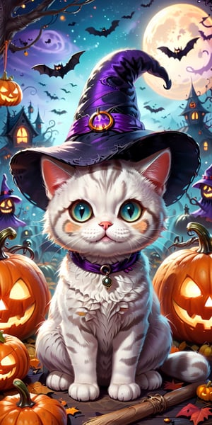 Cute Short-tailed British shorthair cat with witch hat, big eyes, pumpkins, halloween, bat, (Best Quality, 4k, high resolution, Masterpiece:1.2), Ultra-detailed, (realisitic:1.3), vibrant colors, studio lit, Bokeh, Illustration, Spooky atmosphere, Craft an irresistibly cute Halloween-themed. Request vibrant colors, charming details, and a whimsical Halloween background that enhances the cuteness. Aim for a visually delightful composition capturing the adorableness of this little cat on a Halloween adventure