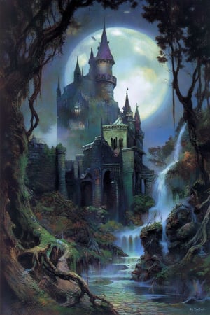 Masterpiece, professional, award-winning, intricate details, ultra high detailed, 64k, dramatic light, volumetric light, Enchanting, dreamy watercolor depiction of a fairytale castle nestled in a lush forest, photorealistic, magical, fantasy, majestic, ethereal, mystical, enchantment, medieval architecture, secret gardens, enchanting pathways, moonlit ambiance, storybook charm,FANTASY,OIL,PAINTING,IN,THE,STYLE,OF FR4Z3TT4