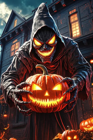 Masterpiece, professional, award-winning, intricate details, ultra high detailed, 64k, dramatic light, volumetric light, create an image of a menacing Jack-o'-Lantern in a Halloween costume, lurking outside a haunting house, clutching a pumpkin in its gnarled claws. The Jack-o'-Lantern's custom is a nightmarish creation, with tattered fabric, sharp fangs, and glowing eyes that pierce through the darkness. The haunting house looms behind, its weathered facade and broken windows adding to the eerie atmosphere. The pumpkin held by the monster is intricately carved with a wicked grin, its candlelight casting eerie shadows on the surroundings. photorealistic, realistic shadows. Showcasing incredible texture and detail. Rendered in high-quality, super-detailed textures. Meticulously illustrated. Adds creepy atmosphere in the image.