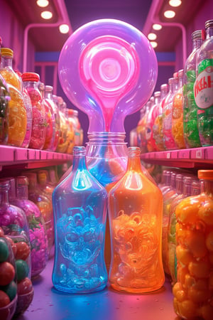 glass bottles, grocery stores, potatoes, fluorescent lamps translucent, luminary, kawaii, bauhaus, colorful, plastic, transparent, product design, shiny jelly, cute and cute plastic machine parts, awesome lighting, 3D, digital art, translucent plastic bubble gum, close-up, 3D, super detail, borderless, C4D, octane rendering, blender, HD, full body, simple background! !!