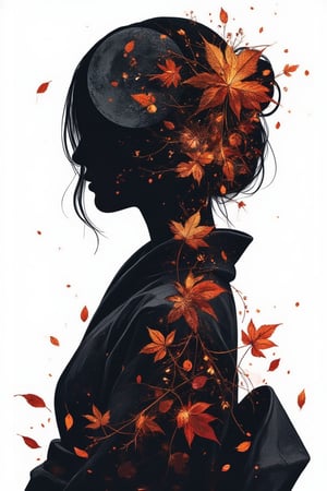 (silhouette:1.25), silhouette art, shadow of figure, Autumn leaves pattern on woman silhouette isolated on white background, (Female silhouette: Kimono: Hakama: Long ponytail: Dynamic pose), Draw the autumn leaves pattern only on the woman's silhouette.,BREAK,Autumn leaves pattern: black and grey gradation: Overlapping translucent autumn leaves: Overlapping layers: black colors: BREAK,vector art,Draw a background painting using the moon and autumn leaves in blak colors, shadow of woman, (masterpiece:1.3),(highest quality:1.4),(ultra detailed:1.5),High resolution,extremely detailed,unity 8k wallpaper,.ek_art_b00ster,anime,illustrated,FluxBoost