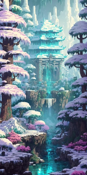 beautiful and magic snowy forest, full of various flowers, (ancient deceased giant mecha:1.3), multiple different animals and birds, waterfall, architecture, art nouveau, temple, tech, neon colors, HLD style, pixel art