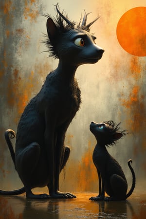 Masterpiece, professional, award-winning, intricate details, ultra high detailed, 64k, dramatic light, volumetric light, dynamic lighting, Surreal, abstract painting featuring two black cats with exaggerated, whimsical features. The larger cat stands upright on two legs, with a tall, slender body and a large, round head with wide, expressive eyes. The smaller cat sits on all fours, looking up at the larger cat. Both cats have spiky, unkempt fur and long, thin tails. The background is a mix of earthy tones, with splashes of orange, brown, and gray, creating a textured, dreamlike atmosphere. A bright orange sun or moon is visible in the upper right corner, casting a warm glow. The ground beneath the cats is reflective, suggesting a wet surface or puddle. The overall style is loose and painterly, with visible brushstrokes and drips adding to the abstract feel. vivid, vibrant, unreal engine, concept art,disney style