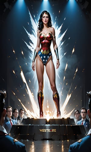 There is a massive oversized TV screen in the city. TV screen showing and playing blue eyed and muscular Wonder Woman making a conference call with shocked and surprised expressions. Many people are watching it below the screen. ((highest quality)), (8k, very detailed, full-length frame, high-detail RAW color art, masterpiece:1.2), (realistic and realistic photo:1.3), dramatic lighting rendering, dynamic angles, photon mapping, physics-based rendering, Absurd resolution, high resolution, (masterpiece: 1.4), super detail,score_9,score_8_up,score_7_up,score_6_up,Expressiveh,concept art,dark theme