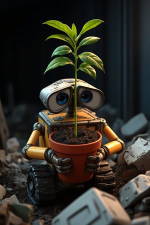 Here is a prompt for generating an image:

Wall-E, a small waste-collecting robot, stands amidst a litter-filled dumpster. His shiny metal body and bright blue solar panel are illuminated by the harsh, industrial lighting within the trash receptacle. Wall-E's mechanical arms grasp a three-branch plant with soil-covered roots, but without its original pot, as if he has carefully plucked it from the dirt. The plant's delicate stems and leaves stretch upwards, defying gravity and the bleak surroundings. Wall-E's hands cradle the soil-covered plant, his metal fingers curled around the tender greenery.