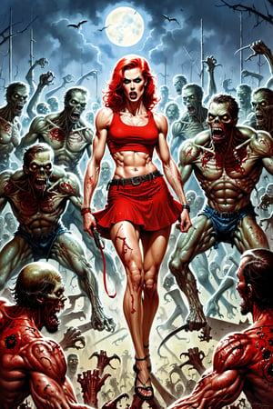 masterpiece, best quality, [detailed], [intricate], digital painting, a toned athlete muscular woman in a red skirt is surrounded by zombies, Barry Windsor Soares, Marcos Silvestri, Inspired by Clyde Caldwell(Clyde Caldwell), Clyde Caldwell, Frank Przetta, Richard Coben Style, Marcos Schulz, Mike Flug, John Bushma, Jeffrey Jones, Frank Frazzetta Cartoon Style, ( Fitzpatrick Art), Richard Coben and Frank Miller art style,