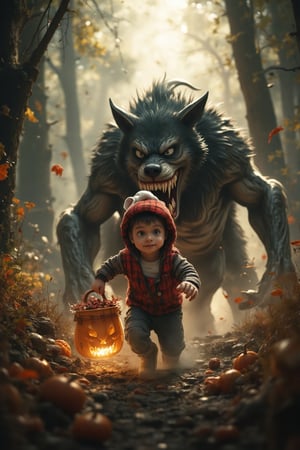 Masterpiece, professional, award-winning, intricate details, ultra high detailed, 64k, dramatic light, volumetric light, create an full body image of an adorable little Fat Venom boy running scared down a forest path holding halloween candy basket. A dangerous looking wolf is running behind him, whose mouth is open and its teeth are visible. It looks like it is chasing Fat Venom's child. vector art style. Showcasing incredible texture and detail. Rendered in high-quality, super-detailed textures. Meticulously illustrated. Adds cuddly atmosphere in the image, 8k,Venom,myvectorillustrations