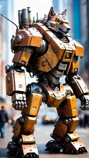 A huge mech in the shape of a huge wolf king, perfect eyes, wearing a worn-out mech suit, ((shallow bokeh)), complex, (steel metal [rust]), elegant, sharp focus, soft lighting, bright colors, masterpiece, (street)), cowboy shot, dynamic pose, DieselPunkAI