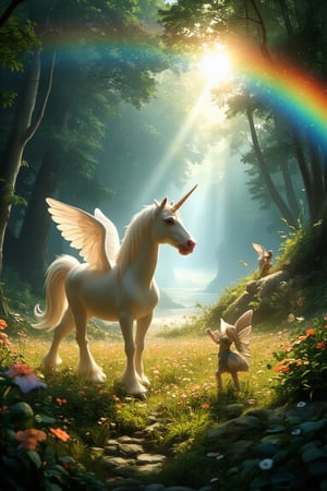 Masterpiece, professional, award-winning, intricate details, ultra high detailed, 64k, dramatic light, volumetric light, Enchanted forest glade with a gentle unicorn and sparkling fairy companions, photorealistic, magical, serene, idyllic, mythical creature, woodland, fantasy creatures:1.4, wildflowers, sunbeams, rainbow, mossy rocks, harmony, mythical landscape,ek_art_b00ster,anime,illustrated,
