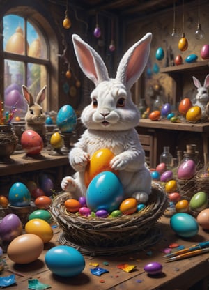 "Produce a super realistic painting in the classic painting style featuring Easterbunny crafting an incantation, (creating a little colorful magic egg in a nest:1.6), standing on an old carved table in a colorful factory laboratory. fantastic view. swirling ink, Masterpiece, (wide angle shot), warm and pleasant soft lighting, amazing sun, amazing depth of field, high detail, perfect accuracy, perfect composition. Ensure the image radiates high-quality details, capturing the essence of a whimsical and cute fluffy cute Easterbunny holding a magic egg in a colorful factory laboratory."