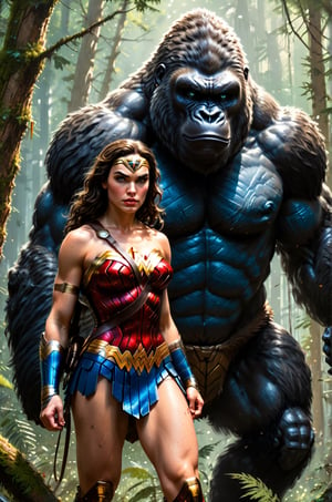 masterpiece, best quality, [detailed], [intricate], digital painting, a toned athlete muscular Wonder Woman with blue eyes in costume, picture with a big and scary gorilla, woman is serious, afraid, forest,RAW photography, best quality, masterpiece, extremely delicate and beautiful, extremely detailed, CG, unit, 8k wallpaper, amazing detailed, finely detailed, masterpiece, best quality, official art, extremely detailed CG unit 8k wallpaper, ultra-detailed, high resolution,  extremely detailed, sharp, focused, (best quality), (realistic, photorealistic: 1.6), 8k, soft lighting, high quality, cinematic lighting, 1 girl, centered, full body (african model),sparkling eyes, taming a gorilla, [WH40K], [highres], [absurdres], [sharp focus], bokeh, realistic shadows, lithograph by John William Waterhouse and Kyoto animation and Yoshitaka Amano and Frank Frazetta,painting by jakub rozalski