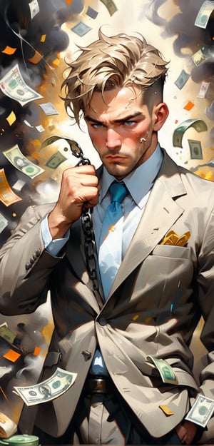 Best quality, Masterpiece, Ultra High Resolution, (Realistic:1.37), Man fighting money, Oil Painting, Harsh brush strokes, Dramatic Lighting, intense expression, Determined eyes, hold fists, sweat dripping down his face, Wrinkled suit, broken chains, Crumbling dollar bills, Crumbling Stock Market Graph, Smoke rises in the background, Black and white with a touch of gold, Realism. (Best Quality, hight resolution, Ultra-detailed), (Realistic:1.37), Professional, Vivid colors. highly detailed, lifelike, photorealistic, (extremely detailed CG unity 8k walpaper), artstation, illustration, smooth, sharp focus, trending CGSociety, by midjourney, art style of Krenz Cushart and Artem Demura and Alphonse Mucha, (midjourney style),highly detailed, lifelike, photorealistic, score_9,score_8_up,score_7_up,inkpunk three colors only,oil painting