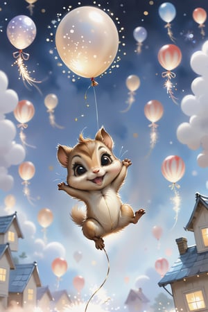 8K,Best quality, masterpiece, ultra-high res, Masterpiece, Concept Art, ultra-detailed painting, Ink wash painting, an adorable chibi baby whimsical chipmunk, being lifted towards the sky by a balloon in a new year fireworks, illustration for kid's room, boho, neutral colors, minimalist, vectors, simple, white background,chibi