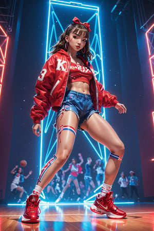 (Best quality, ultra detailed, masterpiece),  8k, super detailed, ((beautiful detailed)))1girl, hip pop clothes, Red basketball shoes, low angle shot, low angle, ground-level shot, full body, full body shot, lunge, nightclub, laser beam(Dynamic feeling:1.4),(concept art style:1.4), neon, neon sign, glowing,32k, octane render,neon style,simple background