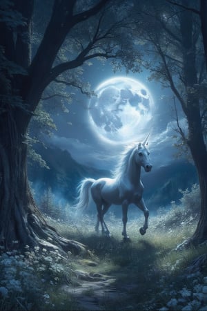 Masterpiece, professional, award-winning, intricate details, ultra high detailed, 64k, dramatic light, volumetric light, Enchanting, moonlit glade with a gentle unicorn and shimmering will-o'-the-wisps, realistic, magical, mystical creatures, idyllic, serene, ethereal, (mythical presence:1.4), wildflowers, moonbeams, ancient trees, soft glow, harmonious realm, tranquil beauty, 8k,ek_art_b00ster,anime,illustrated,