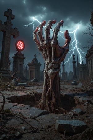 Masterpiece, professional, award-winning, intricate details, ultra high detailed, 64k, dramatic light, volumetric light, create an image of  a decayed, skeletal hand emerges from the dirt in a dark, eerie cemetery. The hand pushes through the earth, with dirt and debris falling off its bony fingers, still covered in patches of decayed skin. The ground around the hand is cracked and disturbed, with roots and weeds tangled in the soil. The scene is lit by an ominous red glow emanating from a nearby pentagram, casting eerie shadows over the overgrown tombstones and broken graves. The stormy sky above is dark and heavy, with flashes of lightning illuminating the scene briefly. Everything is rendered in ultra-realistic detail, from the textures of the decayed hand to the gritty dirt and aged tombstones, making it appear lifelike and unsettling. Showcasing incredible texture and detail. Rendered in high-quality, super-detailed textures. Meticulously illustrated. Adds ominous atmosphere in the image, 8k,