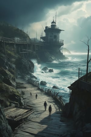 Masterpiece, professional, award-winning, intricate details, ultra high detailed, 64k, dramatic light, volumetric light, A post-apocalyptic coastal scene, with a decaying boardwalk, shattered lighthouse, and waves crashing against remnants of civilization, moody, coastal decay, maritime disaster, haunting beauty, coastal ruins, abandoned boats, desolate shoreline:1, weathered pier, worn-out fishing nets, seagulls, abandoned amusement park, rugged coastline, 8K,anime,illustrated,Fantasy detailers 