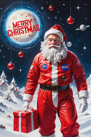 ("Merry Christmas" text logo: 1.3), Origami, dripping paint, ((Santa wearing red space-suits holding bags of presents)) venturing into outer space to deliver presents to Aliens, full body portrait, wide scale lens, Text, aw0k magnstyle, ((Masterpiece))), Best Quality, light red painting, starry skies, (White background: 1.1), detailmaster2,Movie Still