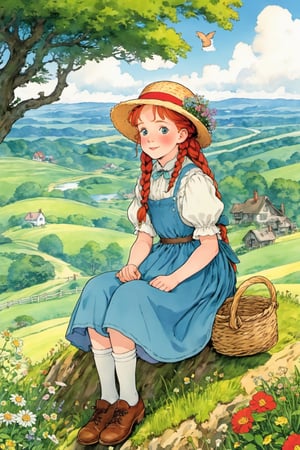 (masterpiece, best quality),from side, 1girl, solo, After searching for hours, They find a Anne (Green Gables)), Red-haired girl, With a wide-brim straw hat, two long red braids, Curious big eyes, Innocent, Joyful look, wear a floral pioneer dress with an apron,sitting on a branch sticking out of a hill,Anime,Enhanced All,ghibli,illustrator,sticker design