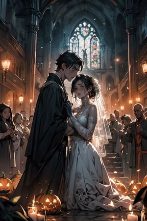 in the ruins of a gothic style church, the sacrament of marriage is being carried out between the bride and groom led by a priest, 2boys, 1girl (1girl bride, zombie, grayish-blue skin, long black hair, bare shoulders, torn wedding dress, torn bridal veil, torn elbow gloves.) (1boy groom, zombie, grayish-blue skin, torn black suit.) (1boy priest, jack-o-lantern head, skull, priest robe, priest outfits, raise hands.) Altar, skull, candel, green fire, black rose, ((ultra-detailed)), ((high resolution)), ((extremely detailed)), ((8k)), ((Detailed Scenery)), nightmare_night,more detail,midjourney,better_hands,hands